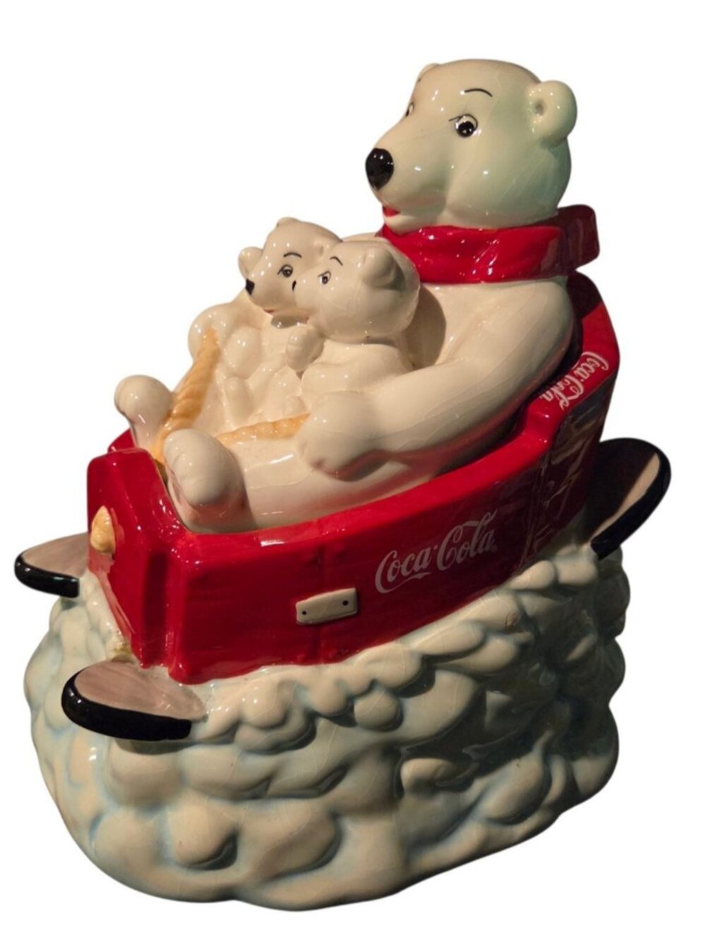 Vintage Gibson Coca Cola Polar Bear And Cub Downhill Sledding Cookie Jar